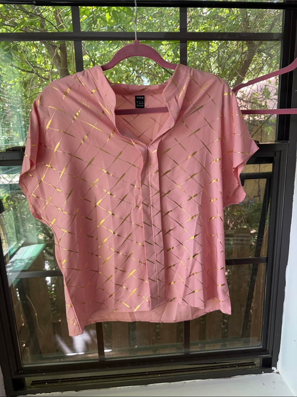 SHEIN Pink Short Sleeve Blouse with Gold Grid Print